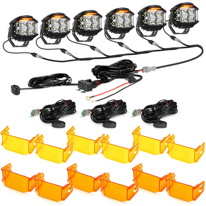6Pcs Pod Lights+Additional 6-Pod Power Harness / With Dark Amber Covers + Amber Covers