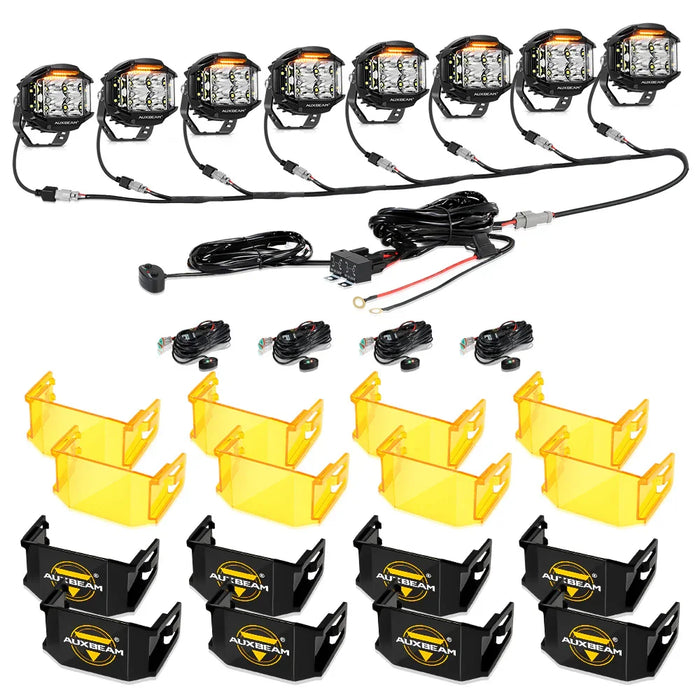 8Pcs Pod Lights+Additional 8-Pod Power Harness / With Black Covers+Amber Covers