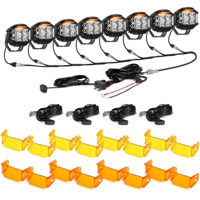 8Pcs Pod Lights+Additional 8-Pod Power Harness / With Dark Amber Covers + Amber Covers