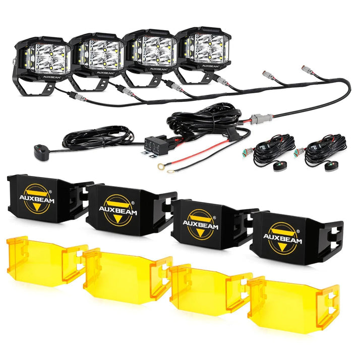 4Pcs Pod Lights+Additional 6-Pod Power Harness / With Black Covers + Amber Covers