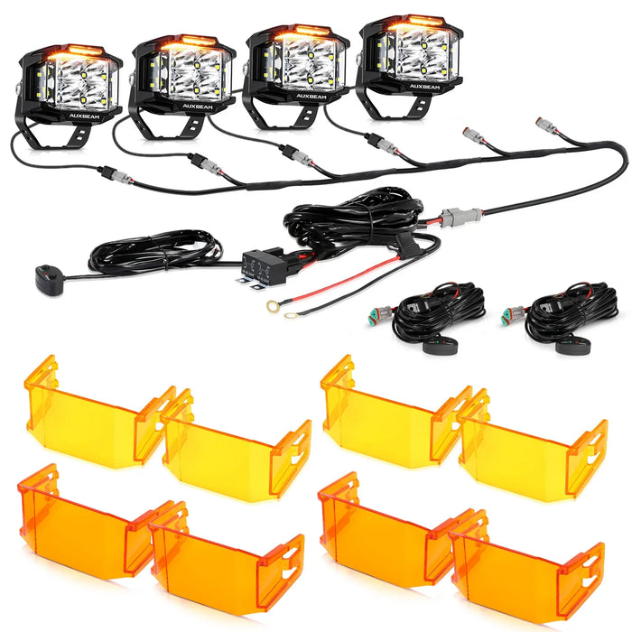 4Pcs Pod Lights+Additional 6-Pod Power Harness / With Dark Amber Covers + Amber Covers