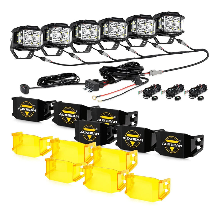 6Pcs Pod Lights+Additional 6-Pod Power Harness / With Black Covers + Amber Covers