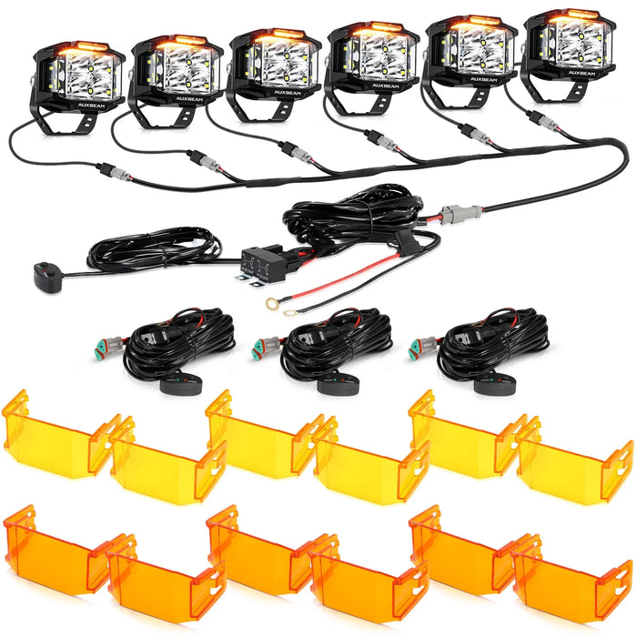 6Pcs Pod Lights+Additional 6-Pod Power Harness / With Dark Amber Covers + Amber Covers