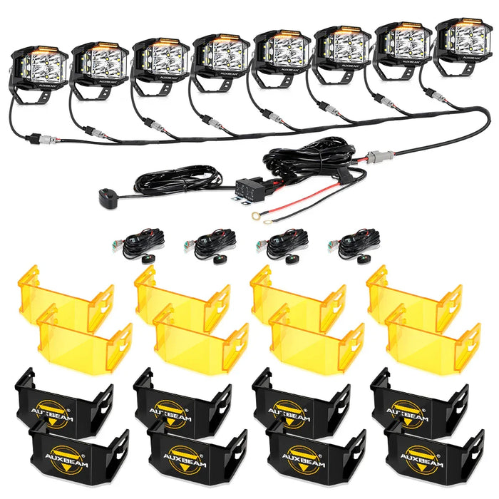 8Pcs Pod Lights+Additional 8-Pod Power Harness / With Black Covers + Amber Covers
