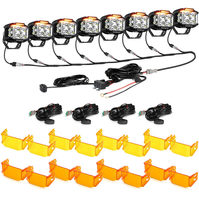 8Pcs Pod Lights+Additional 8-Pod Power Harness / With Dark Amber Covers + Amber Covers