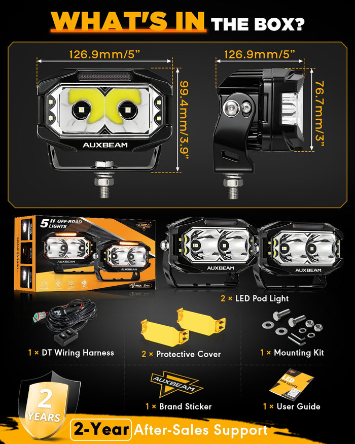 V-MAX Series | 5 Inch 138W 16200LM Spot Beam Side Shooter LED Rectangular Pod Lights with Amber DRL