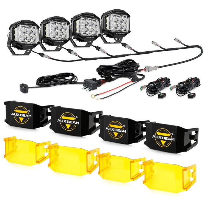 4Pcs Pod Lights+Additional 6-Pod Power Harness / With Black Covers + Amber Covers