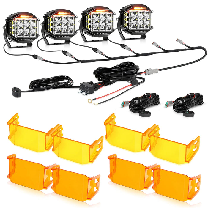 4Pcs Pod Lights+Additional 6-Pod Power Harness / With Dark Amber Covers + Amber Covers