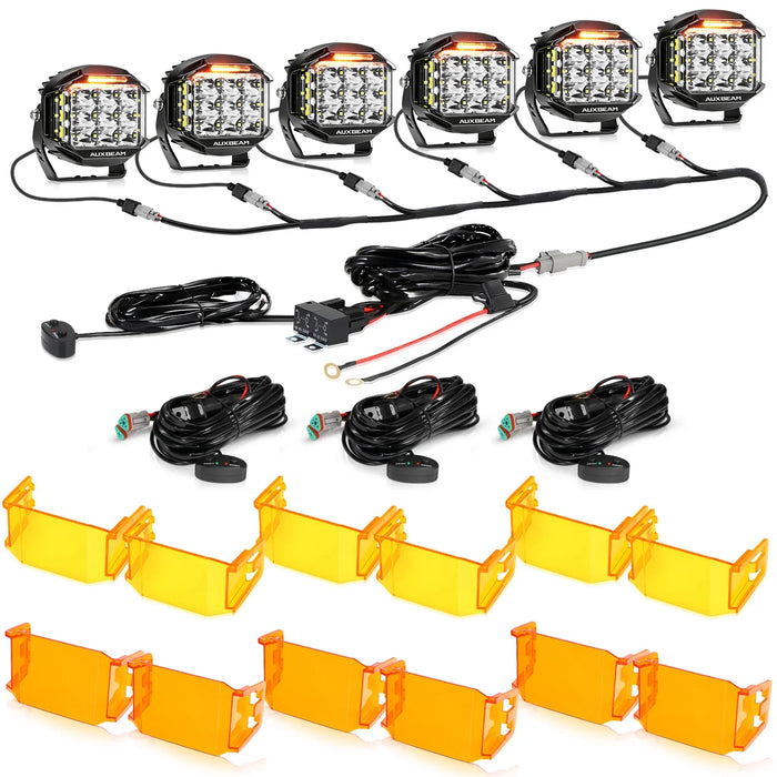 6Pcs Pod Lights+Additional 6-Pod Power Harness / With Dark Amber Covers + Amber Covers