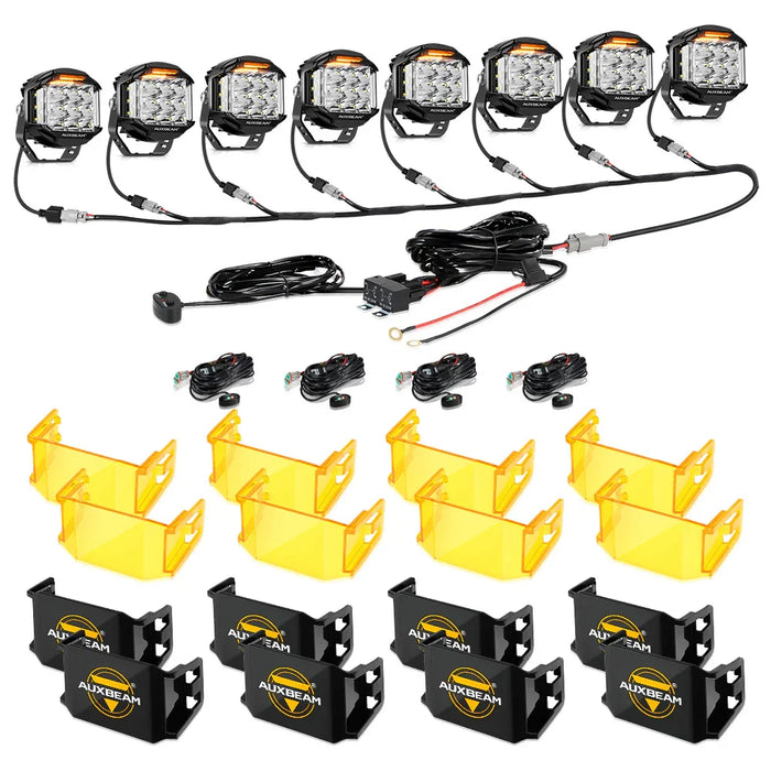 8Pcs Pod Lights+Additional 8-Pod Power Harness / With Black Covers + Amber Covers