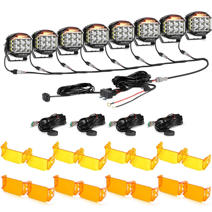 8Pcs Pod Lights+Additional 8-Pod Power Harness / With Dark Amber Covers + Amber Covers
