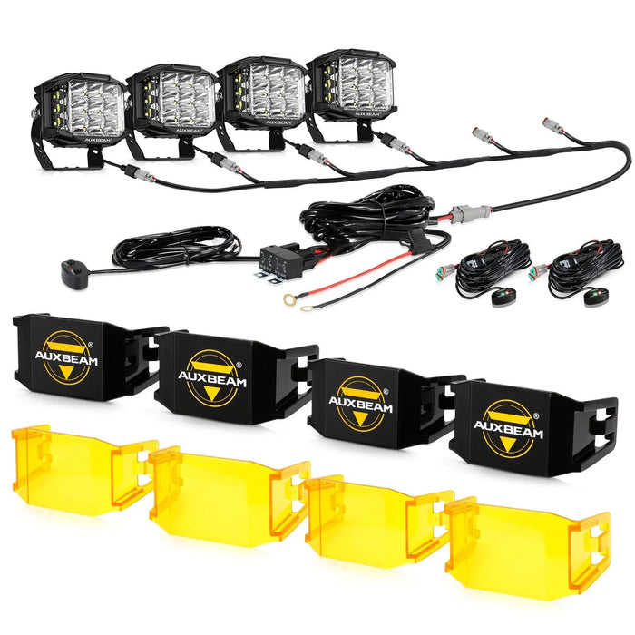 4Pcs Pod Lights+Additional 6-Pod Power Harness / With Black Covers + Amber Covers