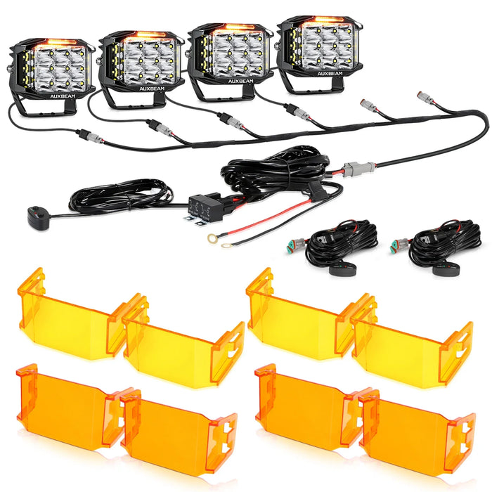 4Pcs Pod Lights+Additional 6-Pod Power Harness / With Dark Amber Covers + Amber Covers