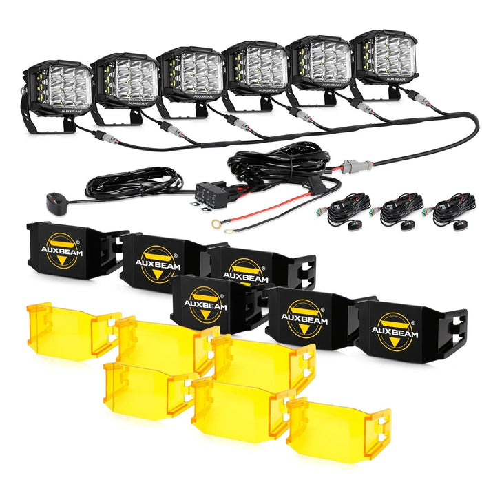 6Pcs Pod Lights+Additional 6-Pod Power Harness / With Black Covers + Amber Covers