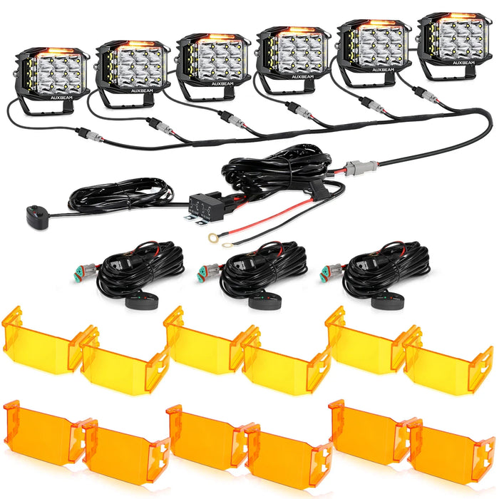 6Pcs Pod Lights+Additional 6-Pod Power Harness / With Dark Amber Covers + Amber Covers
