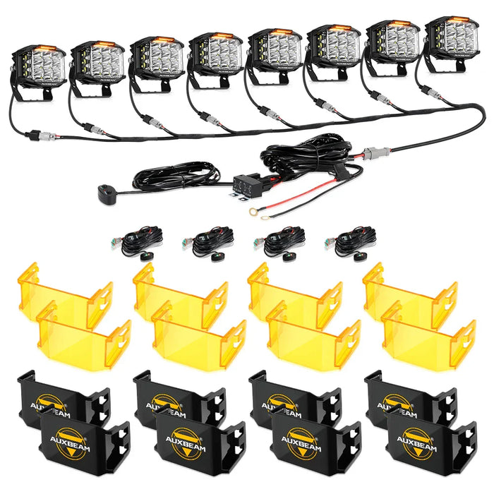 8Pcs Pod Lights+Additional 8-Pod Power Harness / With Black Covers + Amber Covers