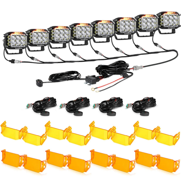 8Pcs Pod Lights+Additional 8-Pod Power Harness / With Dark Amber Covers + Amber Covers