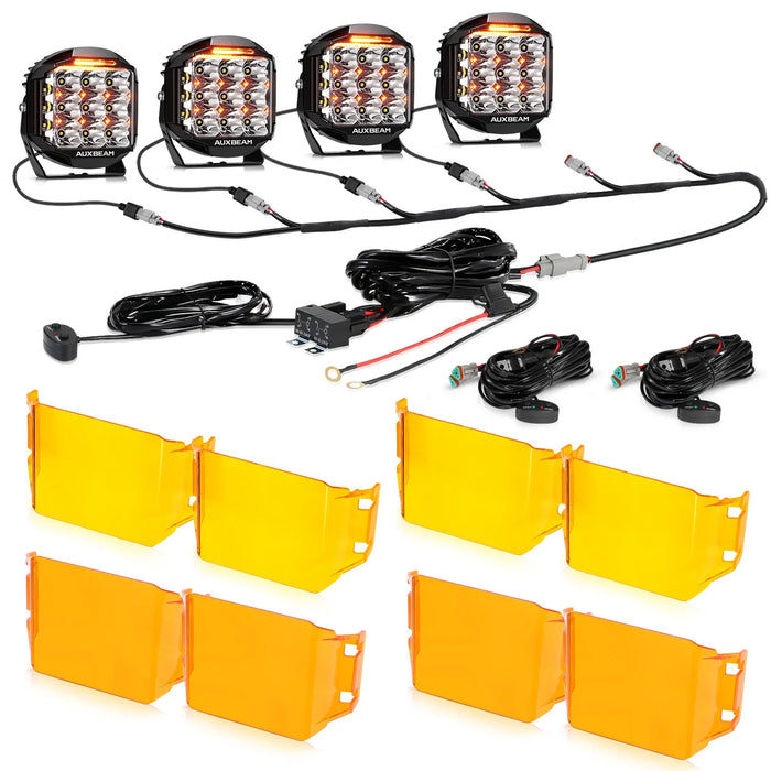 4Pcs Pod Lights+Additional 6-Pod Power Harness / With Dark Amber Covers + Amber Covers