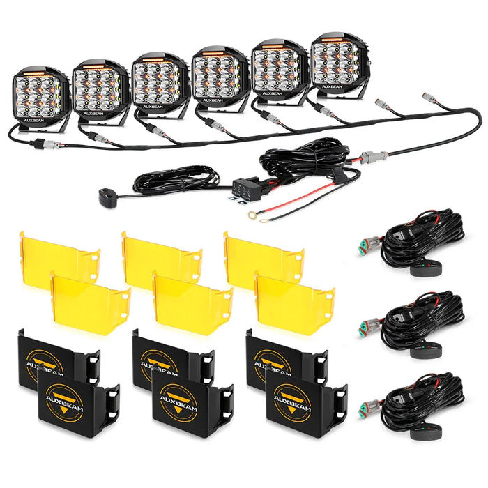 6Pcs Pod Lights+Additional 8-Pod Power Harness / With Black Covers + Amber Covers