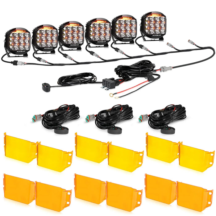 6Pcs Pod Lights+Additional 8-Pod Power Harness / With Dark Amber Covers + Amber Covers