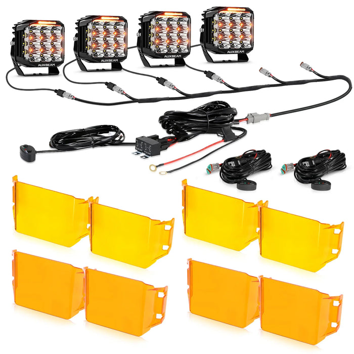4Pcs Pod Lights+Additional 6-Pod Power Harness / With Dark Amber Covers + Amber Covers