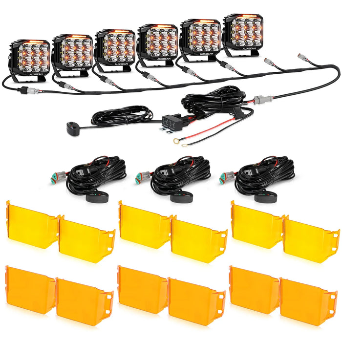 6Pcs Pod Lights+Additional 8-Pod Power Harness / With Dark Amber Covers + Amber Covers