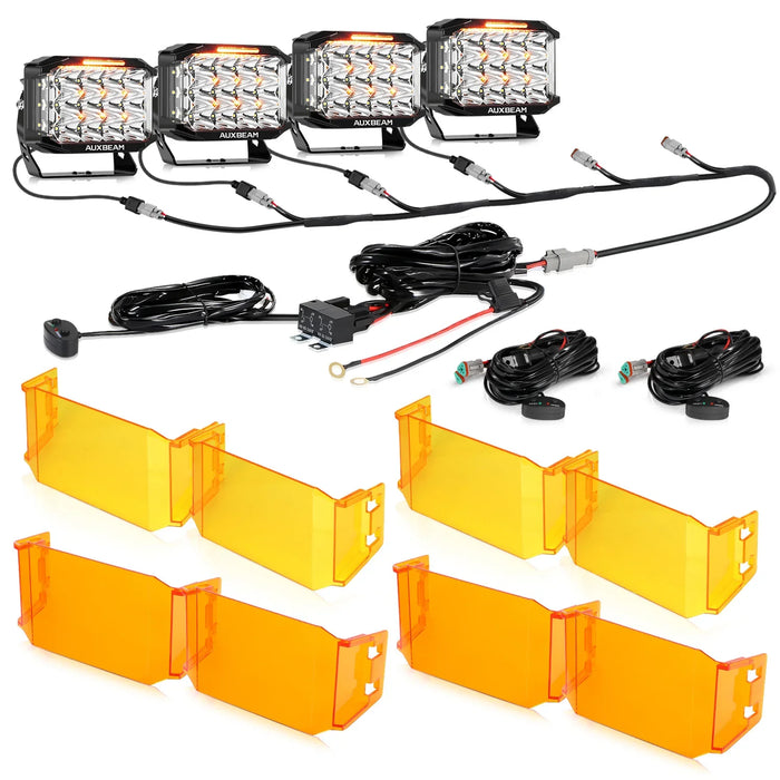 4Pcs Pod Lights+Additional 6-Pod Power Harness / With Dark Amber Covers + Amber Covers