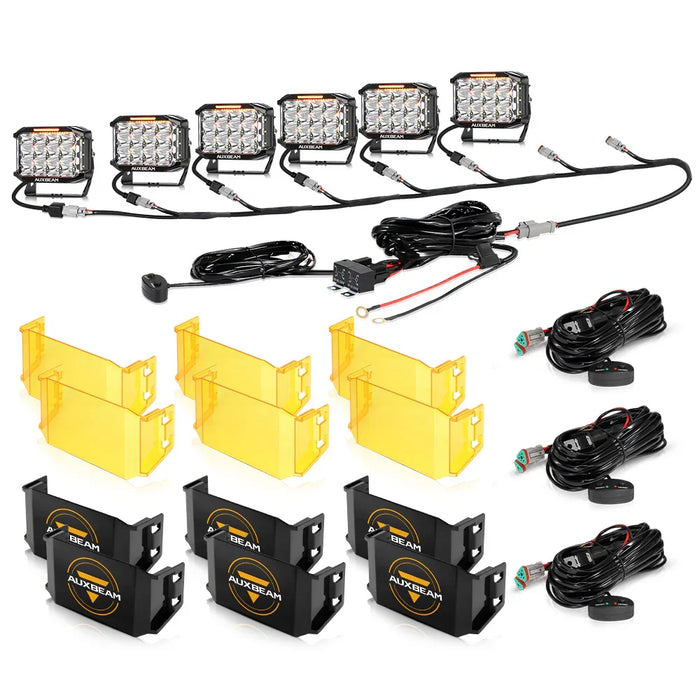 6Pcs Pod Lights+Additional 8-Pod Power Harness / With Black Covers + Amber Covers
