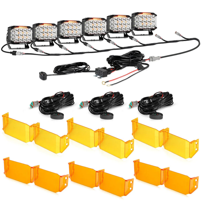 6Pcs Pod Lights+Additional 8-Pod Power Harness / With Dark Amber Covers + Amber Covers