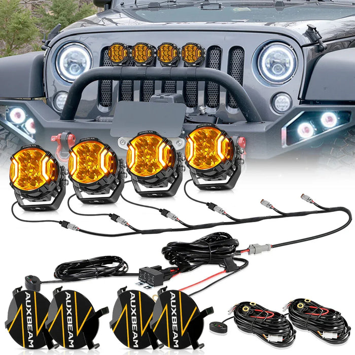 4Pcs Pod Lights+Additional 6-Pod Power Harness / Black Covers