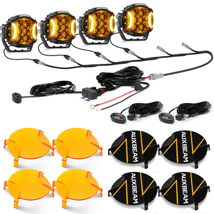 4Pcs Pod Lights+Additional 6-Pod Power Harness / Dark Amber Covers + Black Covers