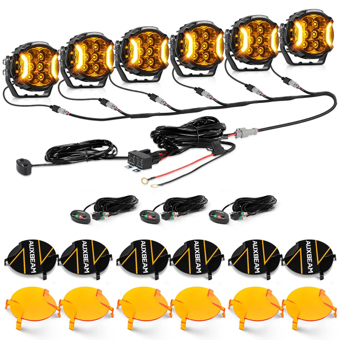 6Pcs Pod Lights+Additional 6-Pod Power Harness / Dark Amber Covers + Black Covers