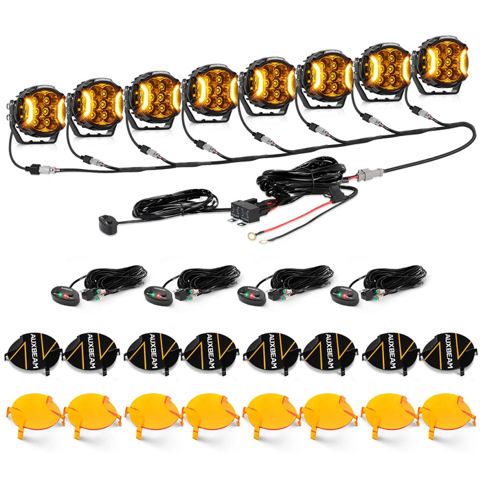 8Pcs Pod Lights+Additional 8-Pod Power Harness / Dark Amber Covers + Black Covers