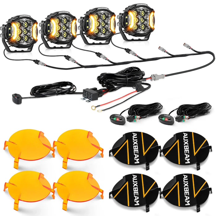 4Pcs Pod Lights+Additional 6-Pod Power Harness / Dark Amber Covers + Black Covers
