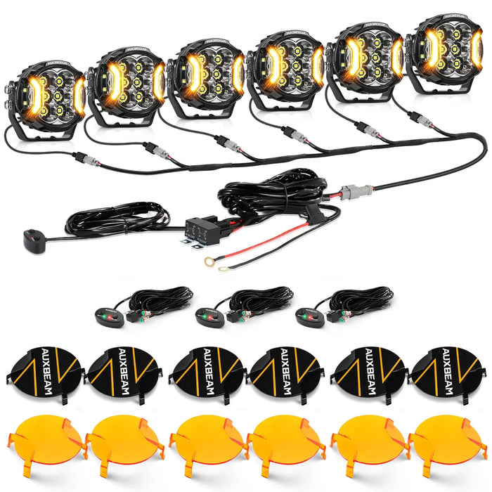 6Pcs Pod Lights+Additional 6-Pod Power Harness / Dark Amber Covers + Black Covers