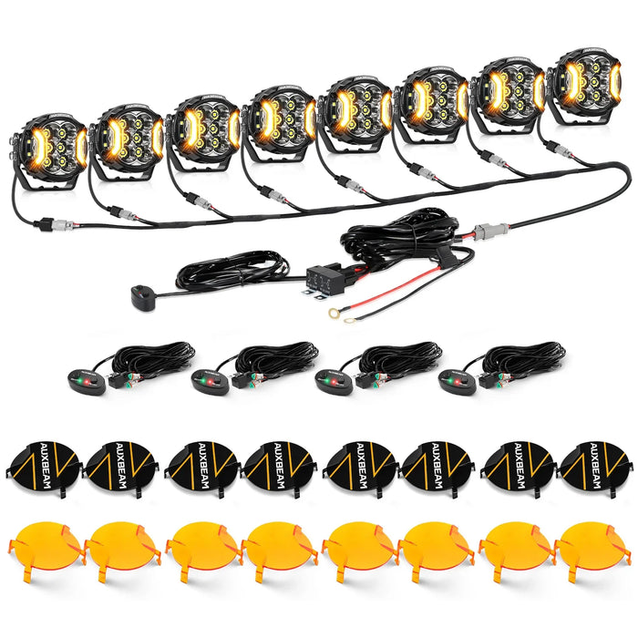 8Pcs Pod Lights+Additional 8-Pod Power Harness / Dark Amber Covers + Black Covers