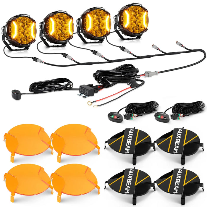4Pcs Pod Lights+Additional 6-Pod Power Harness / Dark Amber Covers + Black Covers