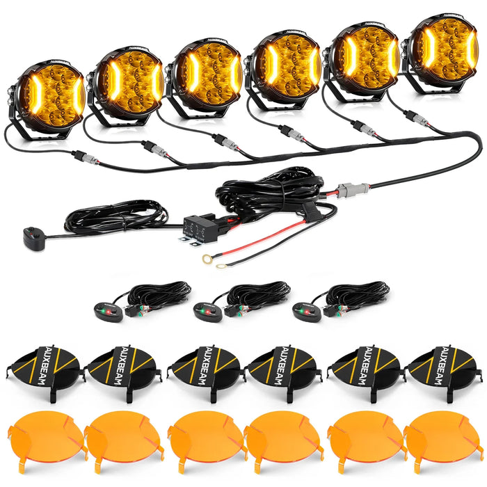 6Pcs Pod Lights+Additional 6-Pod Power Harness / Dark Amber Covers + Black Covers