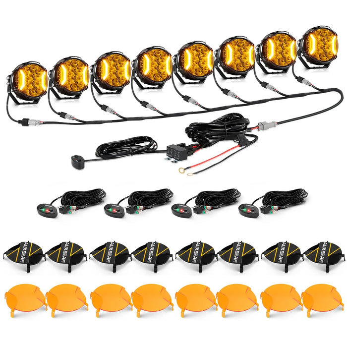 8Pcs Pod Lights+Additional 8-Pod Power Harness / Dark Amber Covers + Black Covers