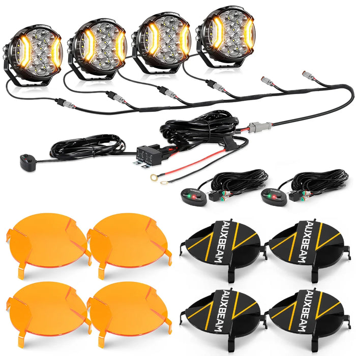 4Pcs Pod Lights+Additional 6-Pod Power Harness / Dark Amber Covers + Black Covers