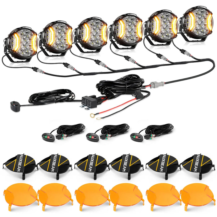 6Pcs Pod Lights+Additional 6-Pod Power Harness / Dark Amber Covers + Black Covers