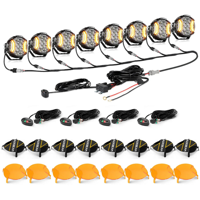8Pcs Pod Lights+Additional 8-Pod Power Harness / Dark Amber Covers + Black Covers