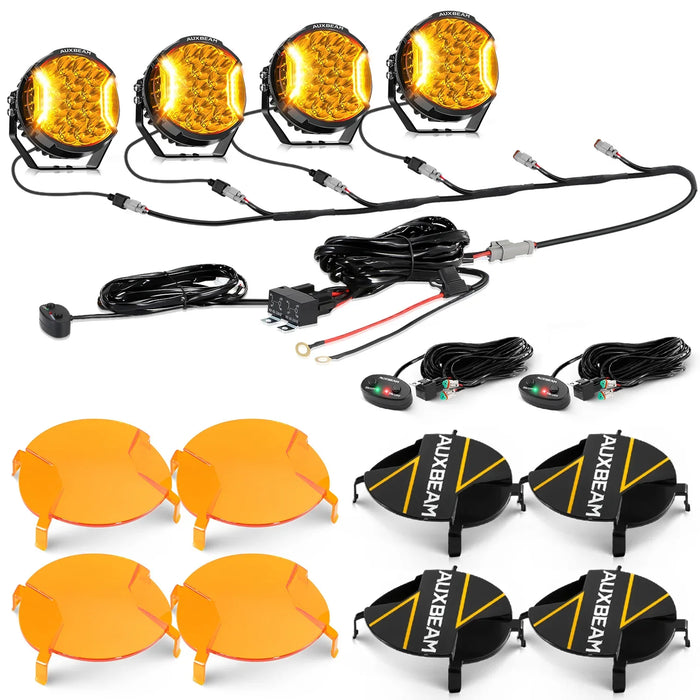 4Pcs Pod Lights+Additional 6-Pod Power Harness / Dark Amber Covers + Black Covers