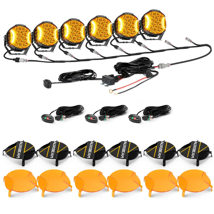 6Pcs Pod Lights+Additional 8-Pod Power Harness / Dark Amber Covers + Black Covers
