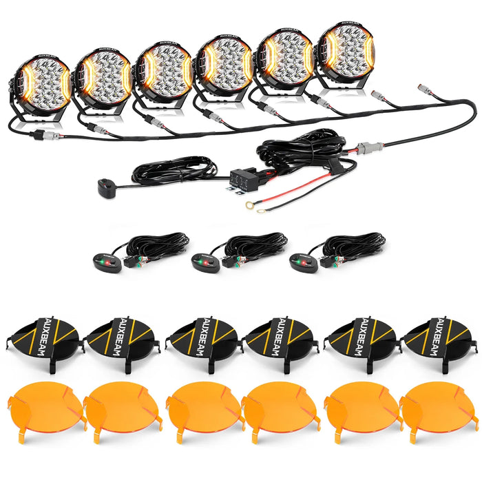 6Pcs Pod Lights+Additional 8-Pod Power Harness / Dark Amber Covers + Black Covers