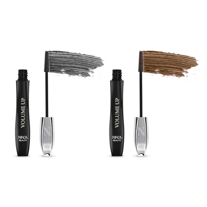 Two open Nikol Beauty Volume Up Mascara tubes—one black, one brown—each with a visible wand and a matching color swipe above, feature the Volume Up and Nikol Beauty labels.