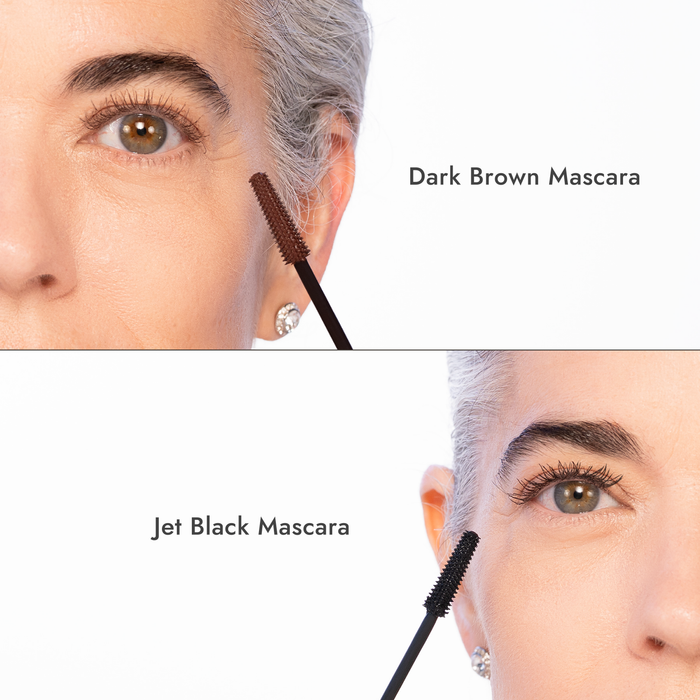 Split image: close-up of an eye. Top shows lashes with Dark Brown, bottom with Jet Black from Nikol Beauty's Volume Up Mascara Bundle—comparing the effects of both mascara shades.