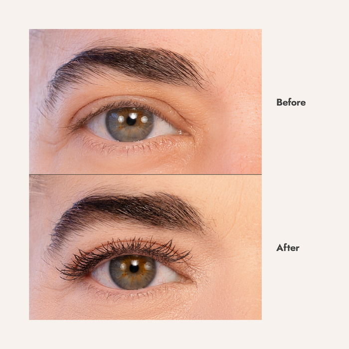 Close-up of an eye in two images labeled Before (top) and After (bottom); After shows fuller, darker brows and longer lashes after using Nikol Beauty’s Volume Up Mascara Bundle.