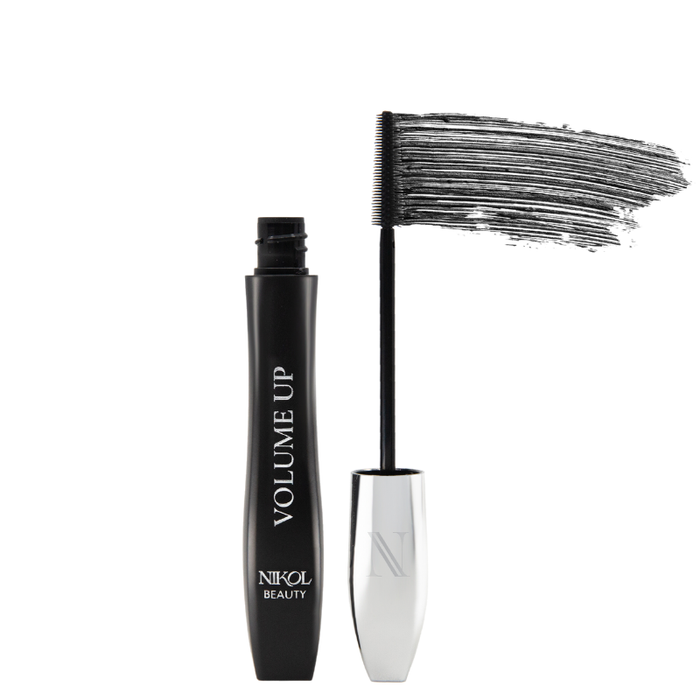 The VOLUME UP Mascara by Nikol Beauty features a unique elongated wand for bold color, housed in a sleek black container with VOLUME UP and a contrasting silver cap. Perfect for mature women seeking enhanced volume.
