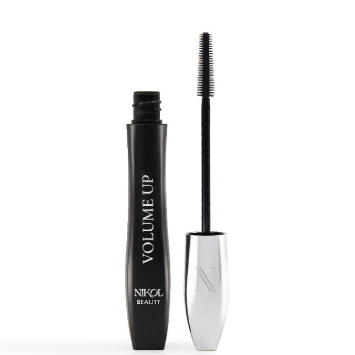 A black tube of VOLUME UP Mascara by Nikol Beauty is shown. With the silver cap removed, it reveals a unique wand with fine bristles, ideal for adding volume, perfect for mature women wanting vibrant lashes.